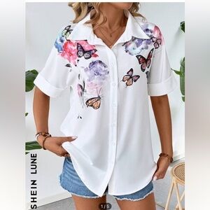SHEIN LUNE Summer Basic White Open Front Shirt With Butterfly Pattern US 8/10(L)
